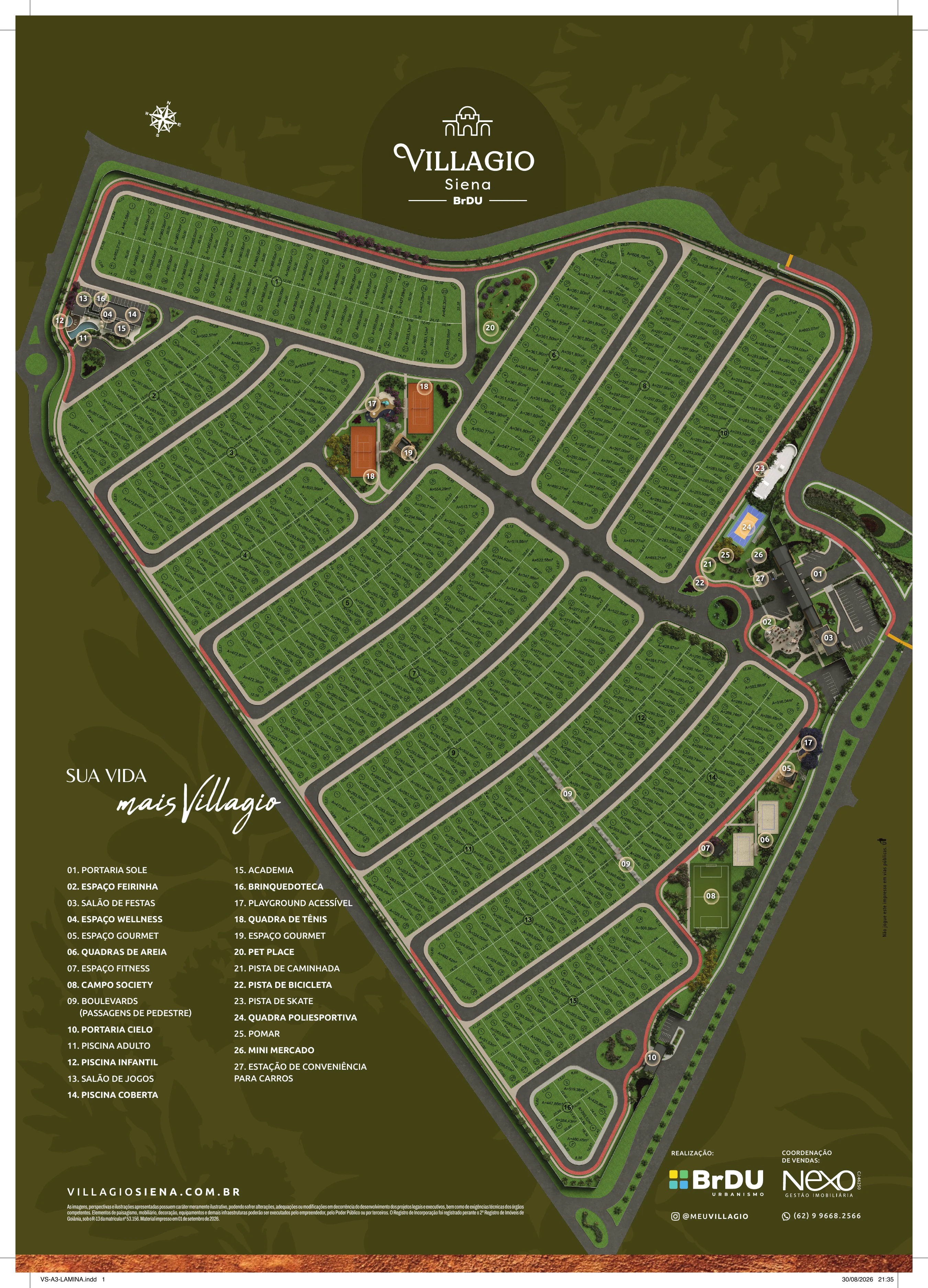 Mapa de implantação oficial do Villagio Siena com lotes, vias, áreas de lazer e legenda numerada