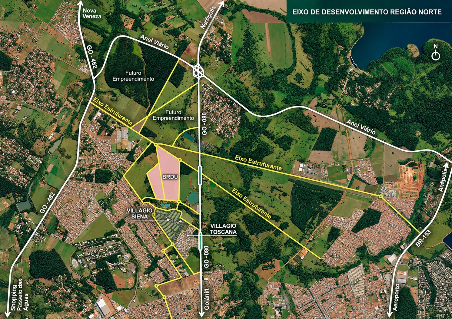 Mapa oficial de localização do Villagio Siena na Região Norte de Goiânia, com o eixo da GO-080, o Anel Viário, os eixos estruturantes e a vizinhança com o Villagio Toscana